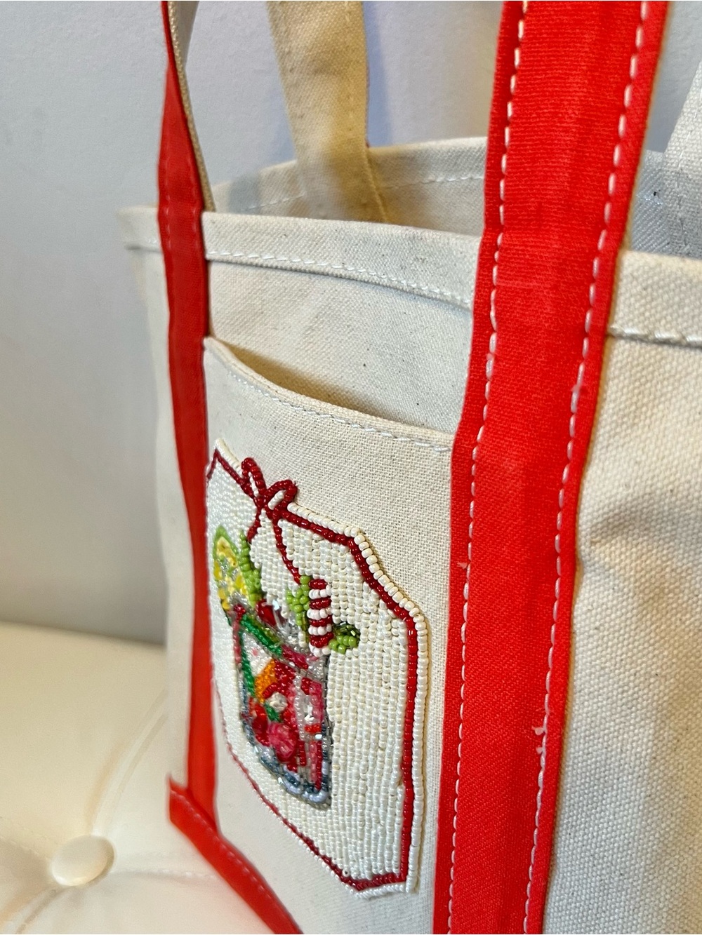 Anthropologie Cream Canvas Tote with Red Trim and Beaded Cocktail Patch - Picture 3 of 8